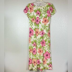 Talbots Woman Linen Lined Floral‎ Tropical Hibiscus Sheath Midi Dress Size 16